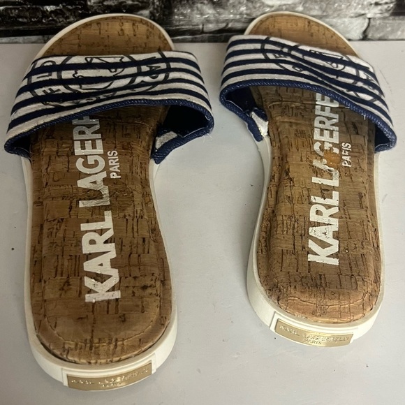 Like new KARL LAGERFELD canta stripe slides in denim & white - Picture 1 of 9